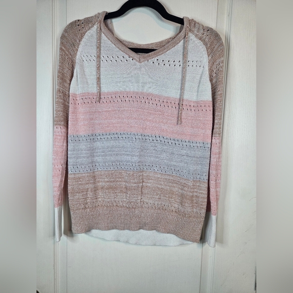 The Unbranded Brand Sweaters - White Pink Gray Tan Striped Lightweight Hoodie Sweater Size XS-S